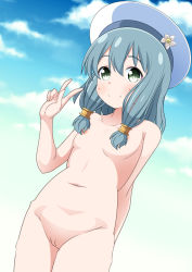 Rule 34 | 1girl, areola slip, beret, blue hair, blush, breasts, cleft of venus, cloud, convenient censoring, endro!, female focus, flower, green eyes, hair censor, hair ornament, hair over breasts, hair tubes, hat, long hair, meiza endust, naruse mai, navel, nude, outdoors, pussy, sidelocks, sky, small breasts, smile, solo, standing, uncensored, v