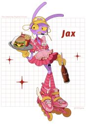 Rule 34 | 137syou, 1girl, animal ears, apron, blush stickers, burger, clenched teeth, cola, collared dress, colored sclera, confused, dress, embarrassed, food, french fries, frilled apron, frills, genderswap, genderswap (mtf), grid background, highres, holding, holding burger, holding food, holding plate, jax (the amazing digital circus), long eyelashes, looking at viewer, nervous sweating, no nose, pink apron, pink dress, pink footwear, plate, purple fur, rabbit ears, rabbit girl, roller skates, sideways glance, skates, skirt, socks, soda bottle, striped clothes, striped skirt, striped socks, striped thighhighs, sweat, sweatdrop, teeth, the amazing digital circus, thighhighs, vertical-striped clothes, vertical-striped skirt, visor cap, winged footwear, yellow sclera, yellow teeth