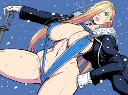 Rule 34 | 1girl, absurdres, bb (baalbuddy), blonde hair, blurry, blurry background, breasts, curvy, female focus, fullmetal alchemist, fur trim, gloves, gluteal fold, hair over one eye, highres, holding, holding sword, holding weapon, huge breasts, jacket, large breasts, long hair, looking at viewer, military uniform, navel, olivier mira armstrong, open clothes, open jacket, rapier, ritax, slingshot swimsuit, snowing, standing, strap gap, sweat, swimsuit, sword, thick lips, uniform, weapon, white gloves