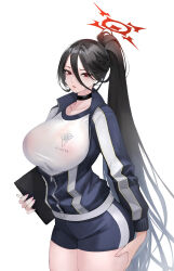 Rule 34 | 1girl, black hair, blue archive, bobobong, breasts, choker, collarbone, commentary, fingernails, floating, floating object, gym shorts, gym uniform, halo, hasumi (blue archive), hasumi (track) (blue archive), high ponytail, highres, holding, jacket, large breasts, lips, long hair, long sleeves, looking at viewer, mole, mole under eye, ponytail, red eyes, shorts, simple background, skin tight, solo, sweat, sweatdrop, thighs, track jacket, white background, zipper, zipper pull tab