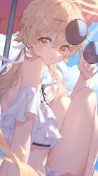 Rule 34 | 1girl, absurdres, bikini, blonde hair, blue archive, blue sky, brown eyes, cloud, commentary request, day, halo, hifumi (blue archive), hifumi (swimsuit) (blue archive), highres, iwashi 111, looking at viewer, low twintails, official alternate costume, outdoors, parasol, round eyewear, sitting, sky, solo, sunglasses, swimsuit, thighs, twintails, umbrella, white bikini, yellow halo