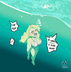 Rule 34 | 1girl, absurdres, air bubble, barefoot, bikini, blonde hair, blowing bubbles, breasts, bubble, character request, cleavage, closed eyes, copyright request, drtoxic, highres, large breasts, navel, open mouth, screaming, speech bubble, submerged, swimming, swimsuit, underwater, upper body