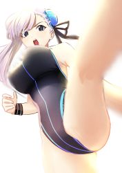 Rule 34 | 1girl, absurdres, ass, backlighting, bare shoulders, black one-piece swimsuit, black ribbon, blue eyes, blue one-piece swimsuit, blush, breasts, bun cover, competition swimsuit, fate/grand order, fate (series), foreshortening, from below, hair bun, hair ribbon, highleg, highleg swimsuit, highres, kicking, kneepits, kujuu shikuro, large breasts, leg up, long hair, looking at viewer, miyamoto musashi (fate), motion blur, one-piece swimsuit, open mouth, pink hair, ribbon, simple background, single side bun, solo, standing, standing on one leg, swept bangs, swimsuit, teeth, thighs, two-tone swimsuit, upper teeth only, v-shaped eyebrows, white background, wristband