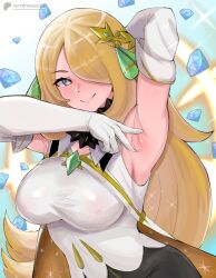 1girl absurdres armpits artsheops black_eyes blonde_hair blush breasts chest_jewel closed_mouth coat creatures_(company) cynthia_(arc_suit)_(pokemon) cynthia_(pokemon) detached_sleeves dress fur_trim game_freak gem hair_ornament hair_over_one_eye highres large_breasts long_hair nintendo official_alternate_costume pokemon pokemon_masters_ex presenting_armpit smile solo upper_body white_coat white_dress