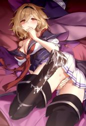 Rule 34 | 1girl, aki663, ass, bare shoulders, black thighhighs, blonde hair, blush, breasts, cleavage, commission, cum, cum on body, cum on feet, cum on shoes, djeeta (granblue fantasy), granblue fantasy, hairband, hat, large breasts, looking at viewer, orange eyes, panties, pixiv commission, short hair, solo, thighhighs, underwear, warlock (granblue fantasy), white panties, witch hat