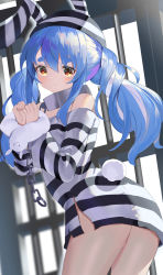 Rule 34 | 1girl, absurdres, animal ears, bare shoulders, blue hair, blush, breasts, chain, cowboy shot, cuffs, don-chan (usada pekora), from behind, frown, handcuffs, highres, hikimayu, hololive, leaning forward, long hair, looking at viewer, messy hair, multicolored hair, orange eyes, prison cell, prison clothes, prisoner, rabbit-shaped pupils, rabbit ears, rabbit girl, rabbit tail, sad, shackles, small breasts, solo, symbol-shaped pupils, tail, thick eyebrows, torn clothes, tsukise miwa, twintails, twisted torso, two-tone hair, usada pekora, usada pekora (prisoner), virtual youtuber, white hair