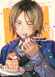 Rule 34 | 1boy, :3, animal ears, black hair, blonde hair, blush, cake, cat, cat ears, cat tail, closed mouth, commentary, confetti, eating, food, forehead, fork, fruit, grey cat, grey sweater, haikyuu!!, hair over one eye, holding, holding fork, holding plate, kadeart, kozume kenma, kuroo tetsurou, looking at viewer, male focus, multicolored hair, parted bangs, plate, roots (hair), short hair, solo, strawberry, strawberry shortcake, streaked hair, sweater, symbol-only commentary, tail, two-tone background, two-tone hair, yellow eyes
