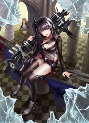 Rule 34 | 2girls, :p, ^^^, absurdres, arch, architect (girls&#039; frontline), black eyes, black footwear, black gloves, black hair, black shorts, blonde hair, blush, boots, breasts, broken glass, checkered floor, cleavage, clenched hands, closed mouth, column, denim, denim shorts, detached sleeves, eyewear on head, fingernails, full body, girls&#039; frontline, glass, gloves, grizzly mkv (girls&#039; frontline), gun, head tilt, high heels, highres, holding, holding gun, holding weapon, long fingernails, long hair, long sleeves, looking at viewer, midriff, momori, multiple girls, nail polish, navel, open mouth, over-kneehighs, pillar, pink nails, red eyes, rifle, sangvis ferri, shirt, short shorts, shorts, side ponytail, sitting, thighhighs, tongue, tongue out, very long hair, walking, weapon, white shirt