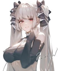 Rule 34 | 1girl, absurdres, azur lane, black dress, black ribbon, black sleeves, commentary, detached sleeves, dress, earrings, formidable (azur lane), grey hair, hair ribbon, hand up, highres, jewelry, long hair, looking at viewer, parted lips, red eyes, ribbon, simple background, sleeveless, sleeveless dress, smile, solo, stud earrings, symbol-only commentary, tefco, twintails, upper body, white background