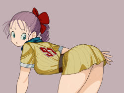 Rule 34 | 1girl, belt, blue eyes, bow, braid, braided ponytail, breasts, bulma, commentary request, dragon ball, dragon ball (classic), dress, from side, hair bow, highres, leaning forward, long hair, ponytail, rokoido12, scarf, short sleeves, simple background, solo, striped clothes, striped dress, vertical-striped clothes, vertical-striped dress