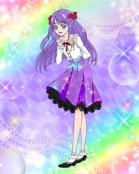 Rule 34 | 1girl, black footwear, blue eyes, bow, frilled shirt, frilled socks, frills, hair bow, highres, kaguya madoka, lace, lace-trimmed skirt, lace trim, long hair, long sleeves, official art, precure, precure connection puzzlun, purple hair, purple skirt, shirt, skirt, socks, solo, space print, standing, star twinkle precure, starry sky print, third-party source, white socks