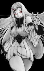 Rule 34 | 10s, 1girl, abyssal ship, akatsuki minoru, breasts, claws, detached sleeves, dress, covered erect nipples, horns, kantai collection, large breasts, long hair, red eyes, ribbed dress, seaport princess, short dress, single horn, smile, solo, thighs, white hair