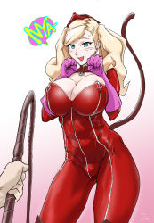 Rule 34 | 1girl, blonde hair, blue eyes, blush stickers, bodysuit, breasts, breasts squeezed together, cat tail, cleavage, cleavage cutout, clothing cutout, earrings, fake tail, fang, full-length zipper, gloves, highres, holding, holding whip, jewelry, large breasts, latex, mask, mask on head, persona, persona 5, pink gloves, red legwear, simple background, smile, speech bubble, stud earrings, swept bangs, tail, takamaki anne, transparent background, twintails, zipper