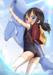 Rule 34 | 1girl, absurdres, arm up, ass, backpack, bag, black hair, blue eyes, blue one-piece swimsuit, blush, cloud, from behind, highres, inflatable dolphin, inflatable toy, long hair, looking back, one-piece swimsuit, open mouth, original, outdoors, ponytail, randoseru, ribbon, school swimsuit, sky, smile, solo, sun, swimsuit, thighhighs, thighs, wading, water, white thighhighs, yappariga