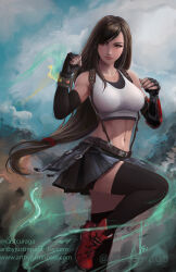 Rule 34 | 1girl, abs, asymmetrical bangs, bike shorts, bike shorts under skirt, black shorts, black skirt, black thighhighs, black undershirt, breasts, crop top, elbow pads, fighting stance, final fantasy, final fantasy vii, final fantasy vii remake, fingerless gloves, gloves, highres, justin paul, large breasts, leg up, long hair, low-tied long hair, materia, midriff, navel, pleated skirt, red eyes, shirt, short shorts, shorts, shorts under skirt, skirt, solo, suspender skirt, suspenders, tank top, thighhighs, tifa lockhart, undershirt, upper body, white shirt, white tank top