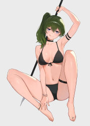 Rule 34 | 1girl, :q, anklet, arm strap, armpits, bare shoulders, barefoot, belt, bikini, black belt, black bikini, black choker, bracelet, breasts, choker, closed mouth, double-parted bangs, feet, fingernails, front-tie bikini top, front-tie top, green hair, grey background, hair between eyes, head tilt, highres, holding, holding polearm, holding weapon, jason kim, jewelry, large breasts, light blush, looking at viewer, navel, polearm, purple eyes, side ponytail, simple background, sitting, solo, sousou no frieren, spread legs, stomach, swimsuit, thigh belt, thigh strap, toe ring, toenails, toes, tongue, tongue out, ubel (sousou no frieren), underboob, weapon