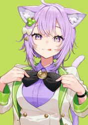 Rule 34 | 1girl, :3, :q, absurdres, adjusting neckwear, animal ears, black bow, black bowtie, bow, bowtie, breasts, cat ears, cat girl, cat tail, closed mouth, collared shirt, food-themed hair ornament, grape hair ornament, green background, hair bow, hair ornament, highres, hololive, jacket, long sleeves, looking at viewer, medium breasts, nekomata okayu, open clothes, open jacket, purple eyes, purple hair, purple shirt, shirt, short hair, simple background, smile, solo, tail, tongue, tongue out, upper body, virtual youtuber, white bow, white jacket, wristband, yuu (higashi no penguin)