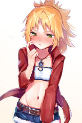 Rule 34 | 1girl, ayamori mimi, belt, blonde hair, braid, breasts, commentary request, embarrassed, fate/apocrypha, fate/grand order, fate (series), french braid, green eyes, highres, long sleeves, looking at viewer, mordred (fate), mordred (fate/apocrypha), mordred (memories at trifas) (fate), navel, ponytail, sabe of red, small breasts, solo