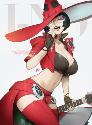 Rule 34 | 1girl, ;p, aurahack, black choker, black gloves, black hair, boots, breasts, bustier, choker, commentary, cropped jacket, electric guitar, english commentary, fingerless gloves, glasses, gloves, green eyes, guilty gear, guilty gear strive, guitar, hat, highres, i-no, instrument, jacket, large breasts, lips, mole, mole above mouth, navel, one eye closed, red footwear, red hat, red jacket, red shorts, red skirt, rimless eyewear, short hair, shorts, showgirl skirt, skirt, solo, thigh boots, thighhighs, tongue, tongue out, witch hat, zettai ryouiki