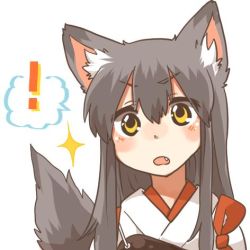 Rule 34 | !, 10s, 1girl, akagi (kancolle), animal ears, bad id, bad twitter id, black hair, blush, dog ears, dog tail, fang, kantai collection, lowres, open mouth, rebecca (keinelove), short hair, side ponytail, solo, sparkle, tail, translated, yellow eyes