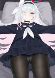 Rule 34 | 1girl, absurdres, black choker, black eyes, black hairband, black pantyhose, black serafuku, black shirt, black skirt, blue archive, choker, closed mouth, commentary, eyes visible through hair, hair over one eye, hair ribbon, hairband, halo, highres, long hair, looking at viewer, lying, multicolored hair, neckerchief, on back, on bed, one eye covered, outstretched arms, panties, panties under pantyhose, pantyhose, pillow, pink hair, plana (blue archive), pleated skirt, red halo, ribbon, school uniform, serafuku, shirt, skirt, solo, streaked hair, thighs, underwear, wennananyan, white hair, white neckerchief, white panties, white ribbon