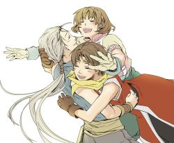 Rule 34 | 1girl, 2boys, :d, brown hair, circlet, commentary request, closed eyes, gensou suikoden, gensou suikoden ii, gloves, group hug, hairband, hug, jowy atreides-blight, moge3, multiple boys, nanami (suikoden), open mouth, ponytail, riou (suikoden), short hair, smile, wristband