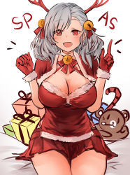 Rule 34 | 1girl, blush, breasts, christmas, cleavage, female focus, gift, girls&#039; frontline, gloves, highres, horns, large breasts, long hair, looking at viewer, miniskirt, open mouth, red eyes, red gloves, silver hair, simple background, sitting, skirt, solo, suru (ksoo420), white background