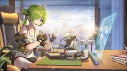 Rule 34 | 1girl, ahoge, bandaged leg, bandages, bare shoulders, black gloves, black shorts, book, breasts, camouflage, camouflage jacket, chair, clothes writing, collarbone, cropped jacket, day, girl cafe gun, gloves, green hair, hair bun, hair over one eye, highres, holding, holographic monitor, indian style, indoors, iritoa, jacket, long hair, mouth hold, nie shirou (girl cafe gun), off shoulder, office chair, official art, open clothes, open jacket, ponytail, purple eyes, robot, shirt, short shorts, short sleeves, shorts, side bun, sidelocks, single hair bun, single side bun, sitting, sleeveless, sleeveless shirt, small breasts, solo, sunlight, swivel chair, table, tank top, white shirt