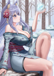 Rule 34 | 1girl, animal ear fluff, animal ears, artist name, bare shoulders, bare tree, breasts, bush, cleavage, collarbone, commentary, crystal, floral print, flower, forest, fox ears, fox girl, fox tail, glowing, hair between eyes, hair flower, hair ornament, hand up, highres, japanese clothes, kimono, knee up, large breasts, light purple hair, long hair, nature, off shoulder, original, outdoors, purple eyes, sash, short kimono, short yukata, silvertsuki, sitting, snow, snowing, solo, tail, tree, twitter username, wide sleeves, yukata