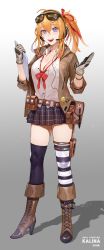 Rule 34 | 1girl, absurdres, ahoge, bad id, bad twitter id, belt, blonde hair, blue eyes, blush, boots, breast pocket, breasts, brown footwear, character name, cleavage, clipboard, eyewear on head, full body, girls&#039; frontline, gloves, gradient background, hair between eyes, hair ornament, hair ribbon, headphones, headset, high heel boots, high heels, highres, holding, holding clipboard, jacket, kalina (girls&#039; frontline), large breasts, long hair, looking at viewer, loose neckwear, open clothes, open jacket, open mouth, partially unbuttoned, plaid, plaid skirt, pleated skirt, pocket, red ribbon, ribbon, shirt, side ponytail, sidelocks, simple background, skirt, smile, sohn woohyoung, solo, striped clothes, striped thighhighs, sunglasses, thigh strap, thighhighs, untucked shirt, white shirt, x hair ornament