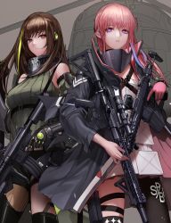 Rule 34 | 2girls, aircraft, ar-15, arm guards, armband, armlet, armor, assault rifle, asymmetrical legwear, bare shoulders, black cloak, black eyes, black gloves, black hair, blonde hair, boots, braid, breasts, brown eyes, brown hair, cloak, closed mouth, clothes around waist, detached sleeves, dress, dual wielding, expressionless, floating hair, from below, gas mask, girls&#039; frontline, gloves, gun, hair between eyes, hair ornament, headgear, headphones, helicopter, holding, holding gun, holding strap, holding weapon, holster, jacket, jacket around waist, logo, long hair, long sleeves, looking at viewer, m4 carbine, m4a1 (girls&#039; frontline), magpul, mask, medium breasts, mod3 (girls&#039; frontline), monaim, multicolored hair, multiple girls, outdoors, parted lips, personification, pink eyes, pink gloves, pink hair, ponytail, purple eyes, ribbed legwear, ribbed sweater, ribbon, rifle, scarf, sidelocks, single thighhigh, sleeveless, sleeveless turtleneck, smile, st ar-15 (girls&#039; frontline), standing, strap, streaked hair, sweater, sweater vest, tactical clothes, thigh boots, thigh holster, thigh strap, thighhighs, thighs, torn clothes, trigger discipline, turtleneck, uneven legwear, very long hair, weapon, weapon case, white hair