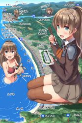 Rule 34 | 10s, 1girl, beach, bikini, blue eyes, blush, breasts, brown hair, brown skirt, brown thighhighs, chibi, chopsticks, commentary request, day, eating, food, forest, giant, giantess, hair ornament, highres, huge giantess, ichikawa feesu, kantai collection, kneeling, kumano (kancolle), looking at viewer, map, medium breasts, mountain, multiple persona, name connection, nature, necktie, object namesake, ocean, open mouth, outdoors, partially submerged, ponytail, red bikini, ship, sitting, skirt, standing, swimsuit, thighhighs, translation request, turret, turtle, water, watercraft, zettai ryouiki