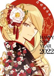 Rule 34 | 1girl, 2022, absurdres, alternate costume, alternate hairstyle, blonde hair, brown eyes, brown nails, closed mouth, commentary, creatures (company), cynthia (pokemon), eyelashes, floral print, flower, from side, game freak, gen 4 pokemon, hair flower, hair ornament, happy new year, highres, japanese clothes, kimono, long hair, luxray, nail polish, new year, nintendo, pokemon, pokemon (creature), pokemon dppt, smile, solo, upper body, white flower, xia (ryugo)