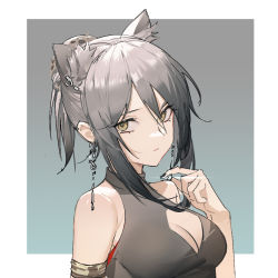 Rule 34 | 1girl, animal ear fluff, animal ears, arknights, armlet, bare shoulders, black hair, black nails, border, breasts, cat ears, cleavage, cleavage cutout, closed mouth, clothing cutout, earrings, glint, gradient background, gradient hair, highres, jewelry, looking at viewer, medium breasts, multicolored hair, nail polish, outside border, portrait, schwarz (arknights), short hair, short ponytail, sidelocks, silver hair, sleeveless, solo, white border, yellow eyes, yeyuanqianqianqian