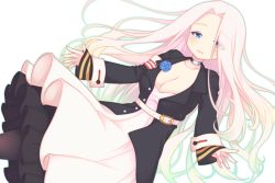 Rule 34 | 1girl, :d, azur lane, belt, belt buckle, black jacket, black pantyhose, blue eyes, blush, breasts, buckle, cleavage, dress, dutch angle, eyes visible through hair, forehead, green outline, jacket, long hair, long sleeves, medium breasts, open mouth, outline, pantyhose, parted bangs, sakurato ototo shizuku, simple background, sleeves past wrists, smile, solo, very long hair, white background, white belt, white dress, white hair, yorktown (azur lane)