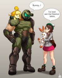 Rule 34 | 1boy, 1other, 2girls, absurdres, animal, animal crossing, animal on shoulder, armor, bag, brown eyes, brown hair, cardigan, commentary, creatures (company), crossover, dog girl, doom (2016), doom (series), doom eternal, doomguy, dress, english commentary, english text, full body, furry, game freak, gen 8 pokemon, gloria (pokemon), green headwear, grey cardigan, hand on own hip, hat, helmet, highres, holding, holding pokemon, isabelle (animal crossing), jmg, multiple crossover, multiple girls, muscular, nintendo, pink dress, pokemon, pokemon (creature), pokemon swsh, power armor, praetor suit, scorbunny, shoulder cannon, space marine, tam o&#039; shanter, thought bubble