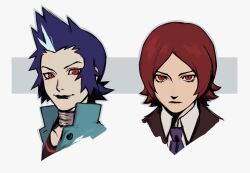 Rule 34 | 2boys, black jacket, black lips, blue hair, closed mouth, cropped shoulders, highres, jacket, jewelry, looking at viewer, makeup, male focus, mishina eikichi, multicolored hair, multiple boys, neck ring, neekosiah, persona, persona 2, persona 2 tsumi, portrait, red eyes, red hair, simple background, spiked hair, suou tatsuya, two-tone background