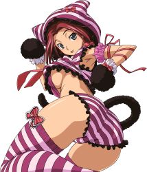 Rule 34 | 10s, 1girl, absurdres, animal ears, animal hands, armpits, ass, blue eyes, bow, breasts, cat tail, code geass, code geass: nunnally in wonderland, frilled panties, frills, from behind, gloves, hat, hat with ears, highres, kouzuki kallen, looking back, medium breasts, panties, paw gloves, paw pose, red hair, ribbon, shirt, short hair, simple background, smile, solo, striped clothes, striped panties, striped shirt, striped thighhighs, tabata hisayuki, tail, thighhighs, tongue, tongue out, transparent background, underboob, underwear, vector trace