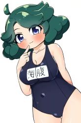 Rule 34 | 1girl, arm behind back, blue eyes, blush, breasts, cleft of venus, closed mouth, eyes visible through hair, green hair, hand up, highres, inazuma eleven (series), inazuma eleven ares no tenbin, large breasts, navel, one-piece swimsuit, pussy, shiny clothes, shiny skin, simple background, solo, swimsuit, umihara norika, white background