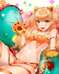 Rule 34 | 1girl, :d, animal ears, animal hands, blonde hair, bra, bracelet, breasts, collarbone, fangs, gloves, green eyes, highres, idolmaster, idolmaster cinderella girls, jewelry, jougasaki rika, koyo akio, leaning back, lion ears, long hair, looking at viewer, navel, open mouth, orange bra, orange panties, panties, paw gloves, sitting, small breasts, smile, solo, strapless, strapless bra, striped clothes, striped thighhighs, thighhighs, two side up, underwear, underwear only, very long hair, white background