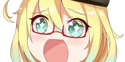 Rule 34 | + +, 10s, 1girl, ahoge, blonde hair, close-up, glasses, green eyes, hair between eyes, hat, i-8 (kancolle), kantai collection, looking at viewer, nahaki, no nose, open mouth, portrait, semi-rimless eyewear, simple background, sin-poi, solo, sparkling eyes, symbol-shaped pupils, under-rim eyewear, white background