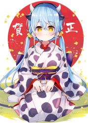 Rule 34 | 1girl, animal ears, animal print, black hairband, blue hair, blush, breasts, chinese zodiac, closed mouth, commentary, cow ears, cow girl, cow horns, cow print, hair between eyes, hair ornament, hair scrunchie, hairband, highres, horns, japanese clothes, kimono, long hair, long sleeves, looking at viewer, low twintails, medium breasts, meito (maze), obi, original, print kimono, sash, scrunchie, sitting, sleeves past wrists, socks, solo, translation request, twintails, very long hair, wariza, white kimono, white socks, wide sleeves, year of the ox, yellow eyes, yellow scrunchie