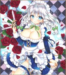 Rule 34 | 1girl, apron, arm ribbon, between fingers, black background, blue background, blue dress, blue eyes, blue ribbon, blush, bow, braid, breasts, bridal garter, checkered background, cleavage, commentary, cowboy shot, dress, flower, frilled apron, frills, green bow, green ribbon, hair bow, holding, holding knife, holding pocket watch, holding weapon, holster, izayoi sakuya, juliet sleeves, knife, knives between fingers, large breasts, leaf, long sleeves, looking at viewer, maid, maid apron, maid headdress, marker (medium), mugicha (mugicha0929), neck ribbon, petals, petticoat, pocket watch, puffy sleeves, purple background, red flower, red rose, ribbon, rose, short hair, silver hair, smile, solo, thigh holster, thighs, touhou, traditional media, twin braids, waist apron, watch, weapon, white apron