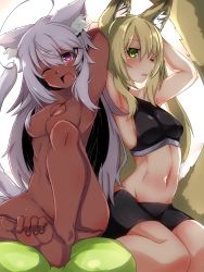 Rule 34 | 2girls, ahoge, animal ear fluff, animal ears, armpits, arms behind head, arms up, bad id, bad pixiv id, barefoot, black shorts, blonde hair, blush, chest tattoo, collarbone, completely nude, convenient leg, dark-skinned female, dark skin, feet, green eyes, grey hair, hair between eyes, hair censor, highres, long hair, looking at viewer, multiple girls, navel, nude, ocha no mae, one eye closed, open mouth, original, parted lips, pink eyes, short shorts, shorts, simple background, sitting, soles, tail, tail raised, tattoo, teeth, toes, upper teeth only