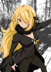 Rule 34 | 00s, 1girl, black coat, black pants, blonde hair, breasts, cleavage, coat, creatures (company), cynthia (pokemon), female focus, fur-trimmed sleeves, fur collar, fur trim, game freak, hair over one eye, highres, long hair, long sleeves, looking at viewer, nature, nintendo, outdoors, outstretched arm, pants, partially colored, pokemon, pokemon dppt, solo, very long hair, yuukami (wittsu)