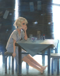Rule 34 | 1girl, barefoot, blonde hair, blue eyes, cup, day, drinking glass, female focus, head rest, indoors, lowres, original, sitting, solo, table, v-neck, weno, weno&#039;s blonde original character, window blinds, wooden table