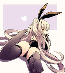 Rule 34 | 1girl, animal ears, ass, bare back, bare shoulders, black gloves, black leotard, black thighhighs, brown eyes, elbow gloves, fake animal ears, feet, gloves, hand to own mouth, highres, hisui (syarute), leg up, legs, leotard, long hair, lying, no shoes, on stomach, original, own hands together, playboy bunny, ponytail, rabbit ears, soles, solo, strapless, strapless leotard, thighhighs, thighs, toes, very long hair, white hair