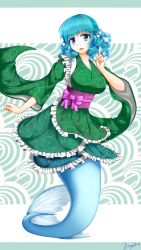 Rule 34 | 1girl, blue eyes, blue hair, breasts, drill hair, fins, frilled kimono, frills, furisode, green kimono, head fins, highres, japanese clothes, kimono, large breasts, mermaid, monster girl, obi, sash, touhou, wakasagihime, wide sleeves, yuriniel