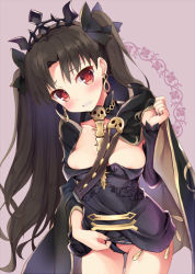 Rule 34 | 1girl, bankoku ayuya, bare legs, between breasts, black cape, black detached collar, black dress, black hair, black ribbon, blush, breasts, cape, cloak, closed mouth, cosplay, cowboy shot, detached collar, dress, earrings, embarrassed, ereshkigal (fate), ereshkigal (fate) (cosplay), fate/grand order, fate (series), female focus, floral background, grey nails, hair ribbon, hand up, head tilt, hoop earrings, ishtar (fate), jewelry, leaning, leaning forward, legs, long hair, looking at viewer, medium breasts, nail polish, parted bangs, parted lips, purple background, red eyes, ribbon, shy, skull, smile, solo, standing, strap between breasts, strapless, strapless dress, tiara, tohsaka rin, two side up, type-moon, wedgie