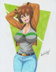 Rule 34 | 1girl, 2023, absurdres, arms up, artist name, belt, breasts, brown hair, brown jacket, cleavage, commission, denim, female focus, green eyes, green shirt, grey shirt, highres, jacket, jeans, large breasts, long sleeves, medium hair, open mouth, original, pants, ravernclouk design, shirt, simple background, solo, traditional media, two-tone shirt